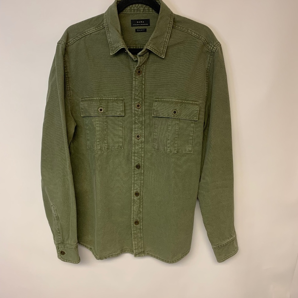 Zara Jacket Olive Green Military Rugged Utility Preppy Shacket Button Up